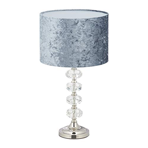 Relaxdays Abat Jour Classica, Paralume In Velluto & Base In Cristallo, E14, Lampada Da Tavolo, Salotto & Camera, Grigia, 1 Pz