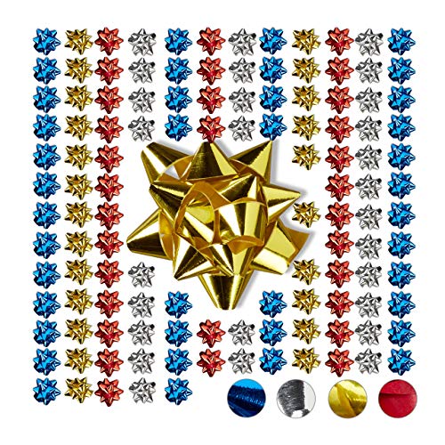 Relaxdays Set Da 100 Fiocchetti Per Pacchetti Regalo, Stelle Decorative Per Natale E Compleanni, Ø 5 Cm, Multicolore, Polipropilene, 2 X 5 Cm