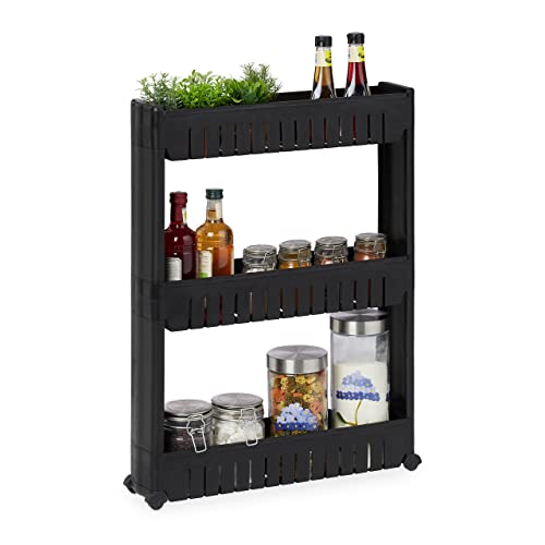 Relaxdays Mobile Salvaspazio, 3 Ripiani, Scaffale Stretto Per Bagno & Cucina, Carrello Portaoggetti In Plastica, Nero
