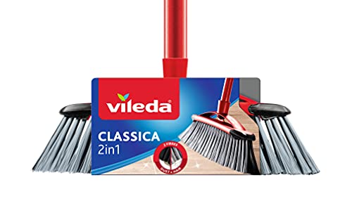 Vileda Classica 2 In 1 Scopa Con Manico, Fibre Per Polvere E Capelli, Plastica, Rosso/Nero, 32X5.3X78 Cm