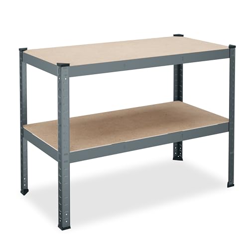 Relaxdays Banco Da Lavoro Officina, Hxlxp: 90X120X60 Cm, 150 Kg, Tavolo Con 2 Ripiani Regolabili, Acciaio E Mdf, Grigio