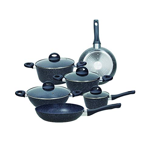Tognana Black Opal, Batteria Di Pentole E Padelle, Set Con 2 Padelle, 3 Casseruole, 1 Tegame, 4 Coperchi, 10 Pezzi, Alluminio, Nero