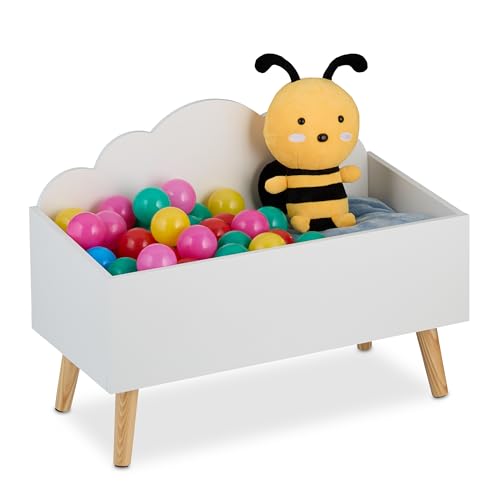 Relaxdays Cassapanca Bambini, Contenitore Portagiochi Da Cameretta, Baule Porta Giochi, Mdf, Hlp: 45X60X30 Cm, Bianco, Fibra Di Legno