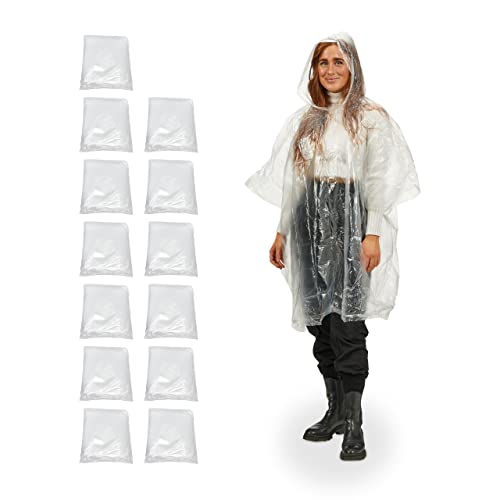 Relaxdays Set Da 13 Poncho Antipioggia, Con Cappuccio, Mantellina Impermeabile Per Adulti, Monouso, Unisex, Trasparente, 100% Plastica