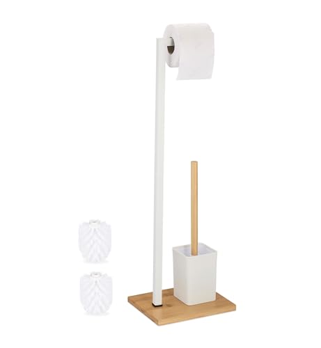 Relaxdays Wc Garnitur Aus Bambus & Edelstahl Piantana Portarotolo E Scopino, Portascopino Da Bagno, Carta Igienica, Acciaio Inox E Bambù, Naturale Bia