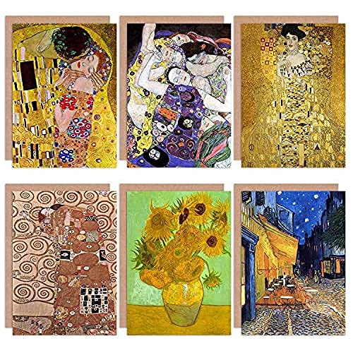 Wee Blue Coo Old Masters Gustav Klimt Van Gogh The Kiss Sunflower All Occasions Various Assorted Blank Greeting Cards With Envelopes Pack Of 6 Vecchio