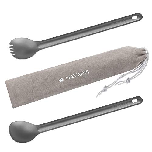 Navaris Set 2X Posate Da Campeggio In Titanio - 1X Forchetta Spork 2In1 1X Cucchiaio Ultra Leggero Per Camping Trekking Picnic - Custodia Inclusa