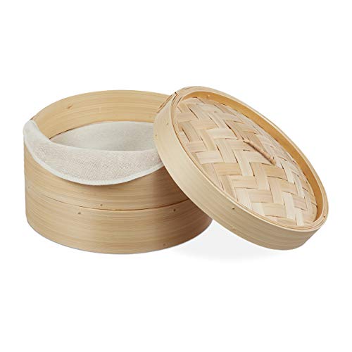 Relaxdays Vaporiera Cinese In Bambù, Cestello A 2 Piani Per Cottura A Vapore, Per Riso & Verdure, Ø 25 Cm, Naturale, Cotone, Carta