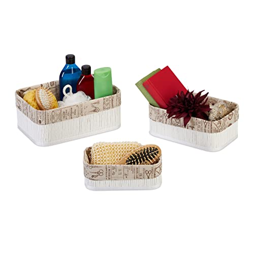 Relaxdays Set Da 3 Cestini Portaoggetti, Per Cosmetici O Asciugamani, Design Vintage, Varie Dimensioni, Bianco Beige, 60% Bambù 30% Poliestere 10% Fib