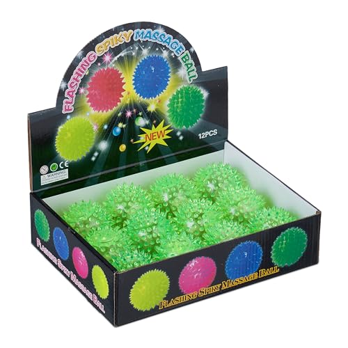 Relaxdays Palline Rimbalzanti Multicolore Per Bambini, Set Da 12 Palle Luminose Led, Spike Bouncy Ball Ø 6,5 Cm, Verde