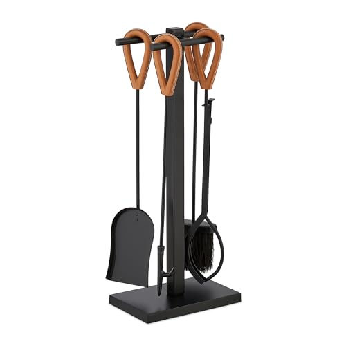 Relaxdays Set Da 5 Attrezzi Da Camino O Stufa, Attizzatoio, Pala, Scopino, Pinza E Supporto Porta Utensili, Ferro, Nero, Alluminio, Iuta, 62 X 25 X 16