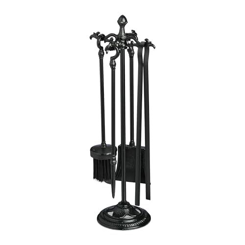 Relaxdays 5-Teiliges Kaminbesteck Gusseisen Set Di 5 Posate Per Camino Attizzatoio, Paletta Per Cenere, Scopa, Pinza E Supporto, Set Da Forno, Ghisa,