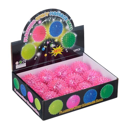 Relaxdays Palline Rimbalzanti Multicolore Per Bambini, Set Da 12 Palle Luminose Led, Spike Bouncy Ball Ø 6,5 Cm, Rosa