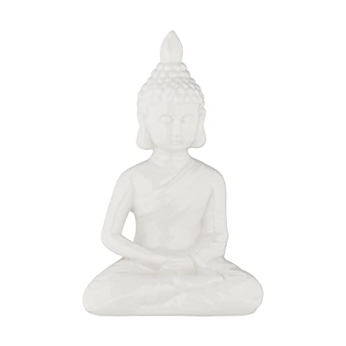 Relaxdays Statua Del Buddha Seduto, Figura H:17 Cm, Per Interni Ed Esterni, Resistente Alle Intemperie, Ceramica, Bianco