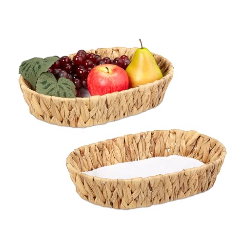 Relaxdays Cesto Portafrutta, Set Da 2 Cestini Intrecciati Porta Frutta, Verdura E Pane, 7X33X22 Cm, Stile Boho, Naturale, Fibra Vegetale, Cotone