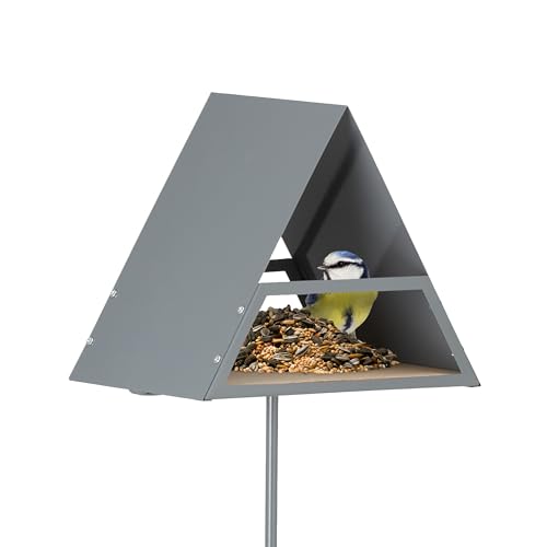 Relaxdays Mangiatoia Per Uccelli Casetta Con Palo A Terra, Casa Per Mangime Da Esterno, 80% Ferro 20% Legno, Grigio Beige, 121X25,5X19,5 Cm