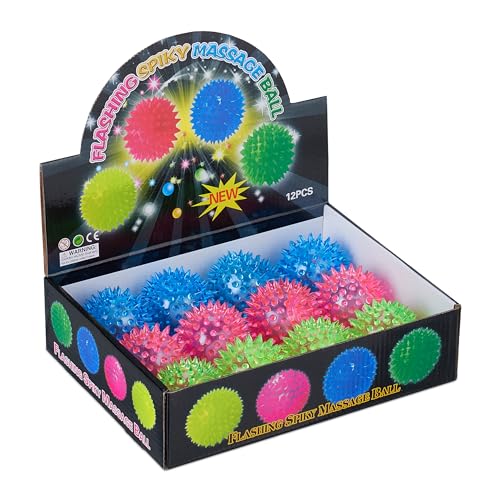 Relaxdays Palline Rimbalzanti Multicolore Per Bambini, Set 12 Palle Luminose Led, Spike Bouncy Ball Ø 6,5 Cm, Colorate, 6.5 X 6.5 X 6.5 Cm