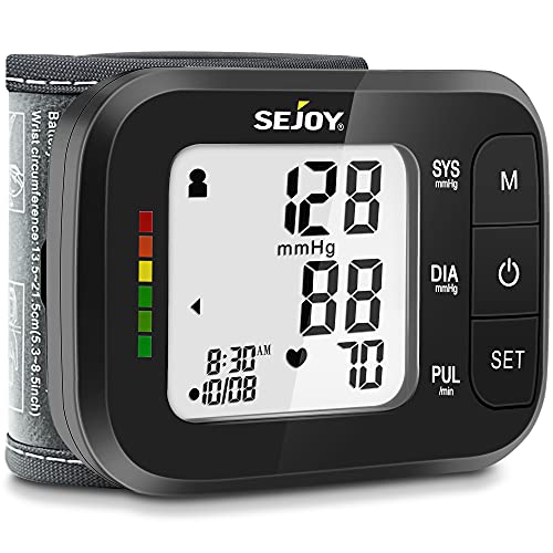 Sejoy Misuratore Di Pressione Da Polso Macchinetta Pressione Rilevazione Aritmie Ampio Display Lcd, Memoria Di Misurazione 2×60, Polsino Regolabile Da