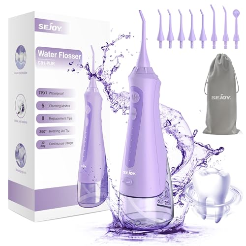 Sejoy Idropulsore Dentale Portatile Professionale, Idropulsore Dentale Da Viaggio, Pulizia Denti, 5 Modalità E 8 Ugelli Di Ricambio Con Rotazione Di 3