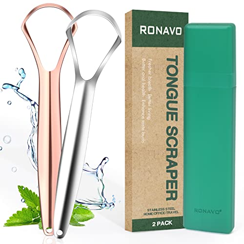 Ronavo, Raschietto Per Lingua, Confezione Da 2 Pezzi, Per Curare L'Alito Cattivo (Grado Medico), Pulitore Per Lingua In Acciaio Inox, 100% Senza Bpa,
