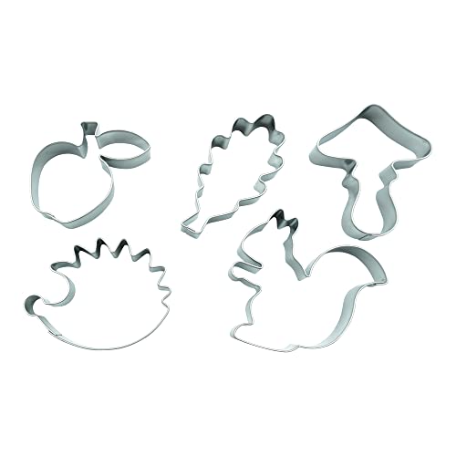 Bekkib 2415 - Set Di 5 Formine Per Biscotti "Wald", A Forma Di Foglia Di Quercia, Fungo, Riccio, Mela E Scoiattolo, Per Cuocere E Fai Da Te