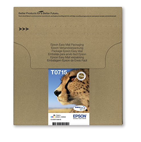 Epson Ghepardo Serie T0715 Durabrite Ultra, Cartucce Per Stampante A Getto D'Inchiostro, Multipack 4 Colori, Nero, Ciano, Magenta, Giallo, Confezione
