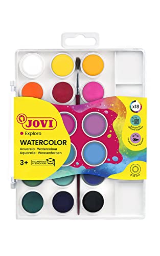 Jovi - Kit Acquarello Con Pennello, 18 Teglie 22Mm, Colori Brillanti E Intensi, Vernice Facile Da Diluire Con Acqua E Ad Asciugatura Rapida, Senza Glu