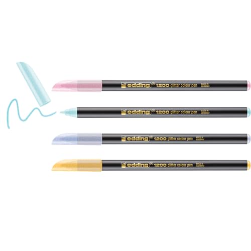 Edding 1200 Penne Glitterate, Colori Pastello, 4 Pennarelli Con Effetto Glitter Intenso, Punta Rotonda Da 3 Mm, Per Scrivere, Disegnare E Dipingere Co