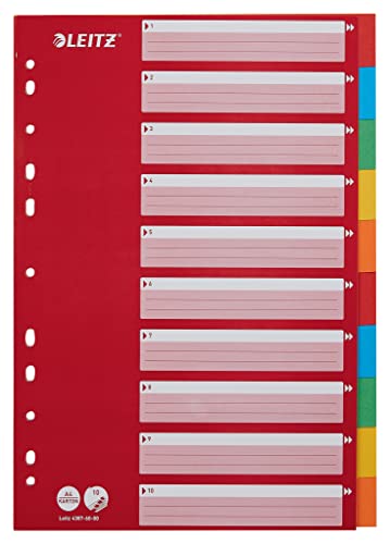 Leitz Divisori A4 1-10 Con Indice, Cartone Riciclato Resistente, Rosso/Multicolore