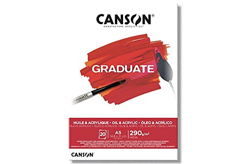 Canson Graduate Huile Et Acrylique, Album Per Olio E Acrilico, Collato Lato Corto, A5, 20 Fogli, Non Telata, 290 G/M, Bianca