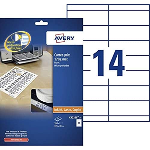 Carte Di Scaffali Avery 105X38Mm 170Gr Bianco 25 Foglio 14 Carte Per Foglio