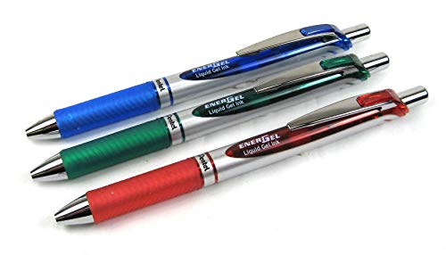 Pentel Energel-Xm - Penne A Rullo Gel Retrattili Da 0,7 Mm, Assortite (Blu, Verde E Rosso), Confezione Da 3
