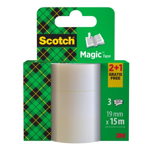 Scotch Nastro Adesivo Magic, 2 + 1 Rotolo , 19 Mm X 15 M - Nastro Trasparente Opaco E Scrivibile Ottimo Per Casa, Ufficio E Scuola
