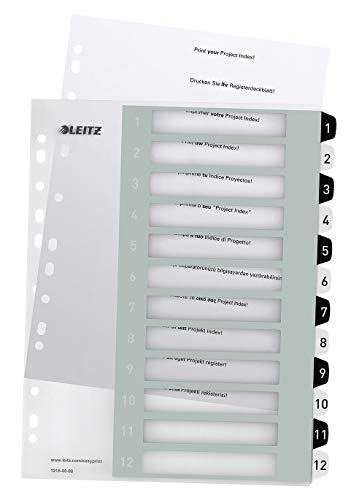 Leitz Rubrica Con Tasti 1-12, Stampabile Al Pc, Formato A4, Formato Extra Largo, Polipropilene Robusto, Bianco/Nero, Gamma Wow, 12160000