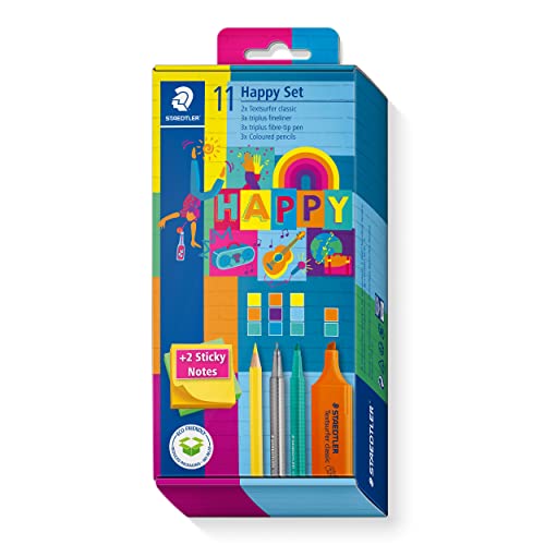 Staedtler Set Di Matite Colorate Happy Colours, 2 Evidenziatori, 3 Pennarelli In Fibra, 3 Pennarelli Fini, 3 Matite Colorate, 2 Blocchetti Adesivi Per