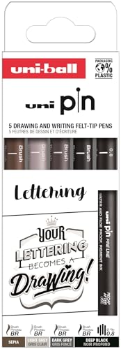 Uni-Ball Set Lettering - Confezione Da 5 Pennarelli Calibrati Punta Da 0,8 Mm, Colore: Nero, Grigio E Seppia
