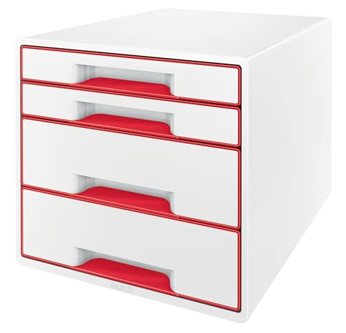 Leitz Wow Cassettiera In Formato A4 Con 2 Cassetti Piccoli E 2 Cassetti Grandi, Include Vassoio Organizer Trasparente, Bianco/Rosso, 52132026