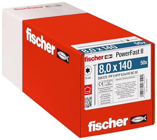 Fischer Viti Per Legno E Costruzioni Powerfast Fpf Ii Wtp 8,0X140, Filettatura Parziale, Testa Svasata Flangiata, Impronta Torx, Zincata Bianca, 50 Pz