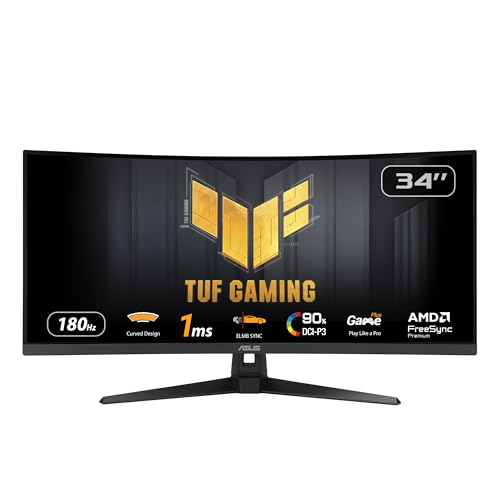 Asus Tuf Gaming Vg34Vq3B Monitor Gaming Curvo Da 34” Pollici Wqhd (3440X1440), 180Hz Elmb Sync, Freesync Premium, Tempo Di Risposta 1Ms, 90% Dci-P3, D