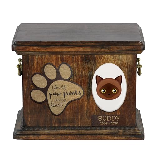 Art-Dog Urna Commemorativa Per Gatti Personalizzata - Scatola In Legno Fatta A Mano Con Piatto In Ceramica - Scatola Per Cremazione Personalizzata Per