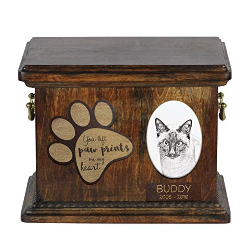 Art-Dog Urna Commemorativa Per Gatti Personalizzata - Scatola In Legno Fatta A Mano Per Ceneri Con Piatto In Ceramica - Scatola Per Cremazione Per Gat