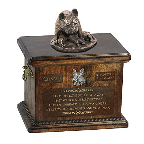 Art-Dog Urna Commemorativa Con Statua Personalizzata Per Cane Seduto - Bronzo Fuso A Freddo Fatto A Mano Su Base In Betulla - 8,3X11,4X8,7-5L - Bulldo