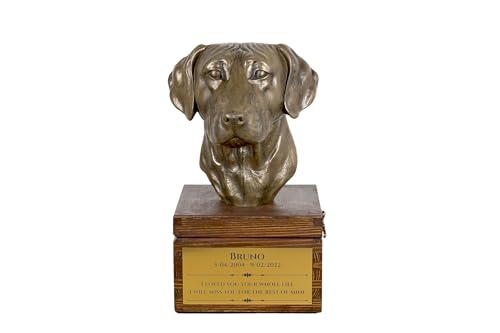 Art-Dog Urna Commemorativa Per Cani Personalizzata Fatta A Mano - Testa Di Cane In Bronzo Fuso A Freddo Su Base In Betulla - 16X28X16 Cm - Ridgeback R