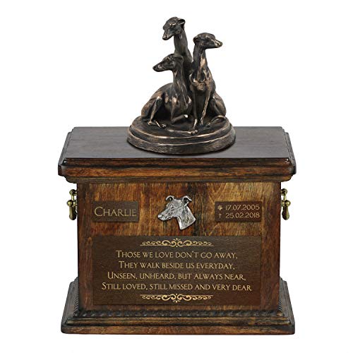 Art-Dog Urna Commemorativa Con Statua Personalizzata Per Cane Seduto - Bronzo Fuso A Freddo Fatto A Mano Su Base In Betulla - 8,3X11,4X8,7-5L - Whippe
