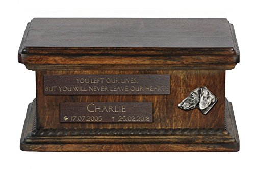 Art-Dog Urna Commemorativa Bassa Personalizzata - Ritratto In Bronzo Fuso A Freddo Fatto A Mano Su Base In Betulla - Vaso Di Lunga Durata - 8,3X11,4X4