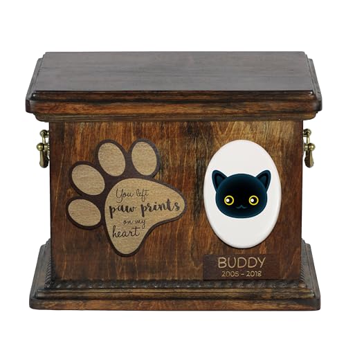 Art-Dog Urna Commemorativa Per Gatti Personalizzata - Scatola In Legno Fatta A Mano Con Piatto In Ceramica - Scatola Per Cremazione Personalizzata Per