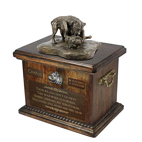 Art-Dog Urna Commemorativa Con Statua Personalizzata Per Cane Seduto - Bronzo Fuso A Freddo Fatto A Mano Su Base In Betulla - 8,3X11,4X8,7-5L - Pitbul
