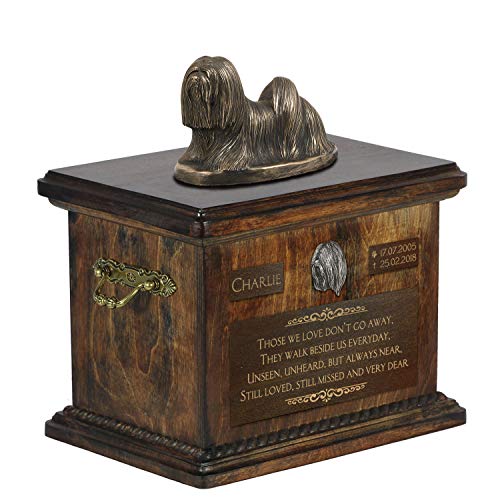 Art-Dog Urna Commemorativa Con Statua Personalizzata Per Cane Seduto - Bronzo Fuso A Freddo Fatto A Mano Su Base In Betulla - 8,3X11,4X8,7-5L - Lhasa