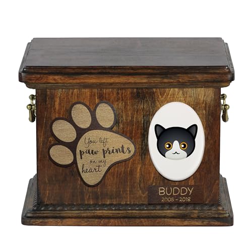 Art-Dog Urna Commemorativa Per Gatti Personalizzata - Scatola In Legno Fatta A Mano Con Piatto In Ceramica - Scatola Per Cremazione Personalizzata Per