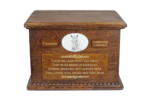 Art-Dog Grande Urna Per Ceneri Di Cavallo - Urna Per Cavallo Personalizzata Personalizzata Con Manici In Ottone E Placca In Ceramica - 15,7X11,8X11 -